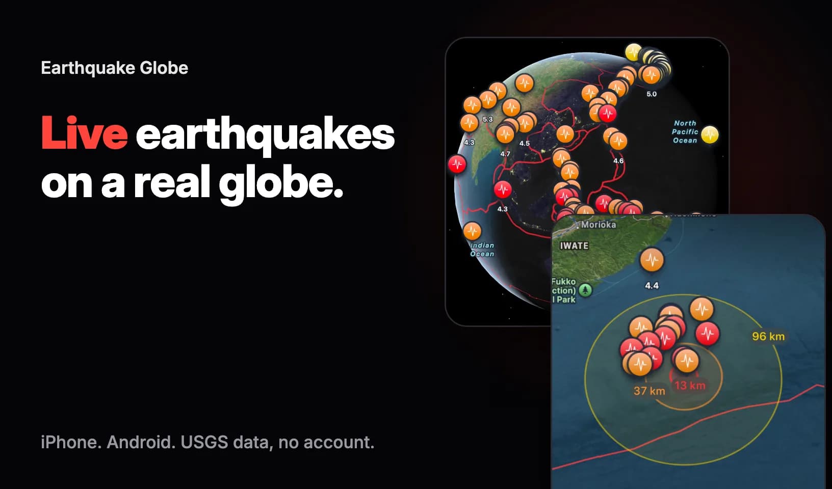 Earthquake Globe: КАРТЫ · ОПОВЕЩЕНИЯ · IOS