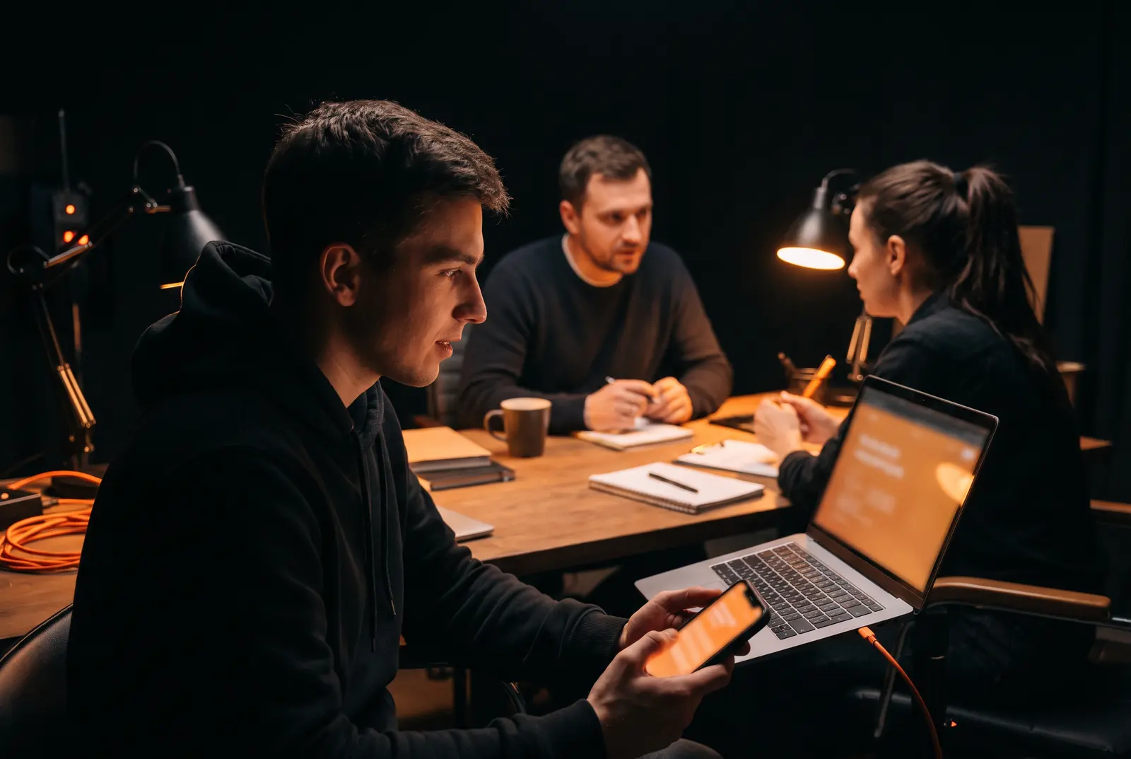 A developer checks an app on a phone while teammates talk at a table behind him