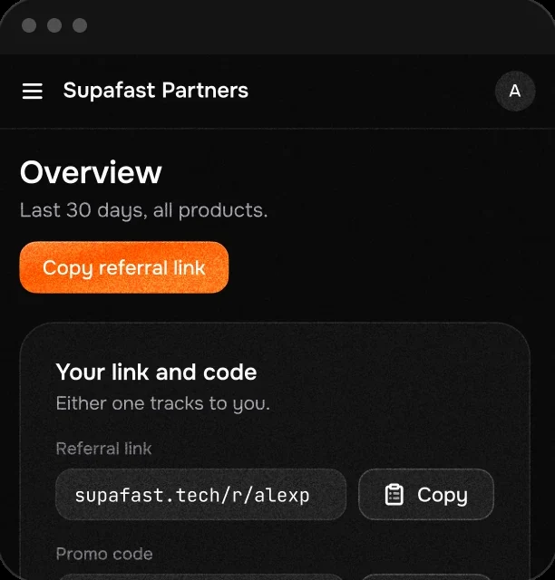Partner cabinet overview with clicks, signups and earnings